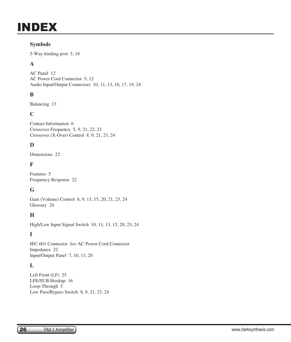 Index | Clark Synthesis TACTILE SOUND TA0.1 User Manual | Page 26 / 28