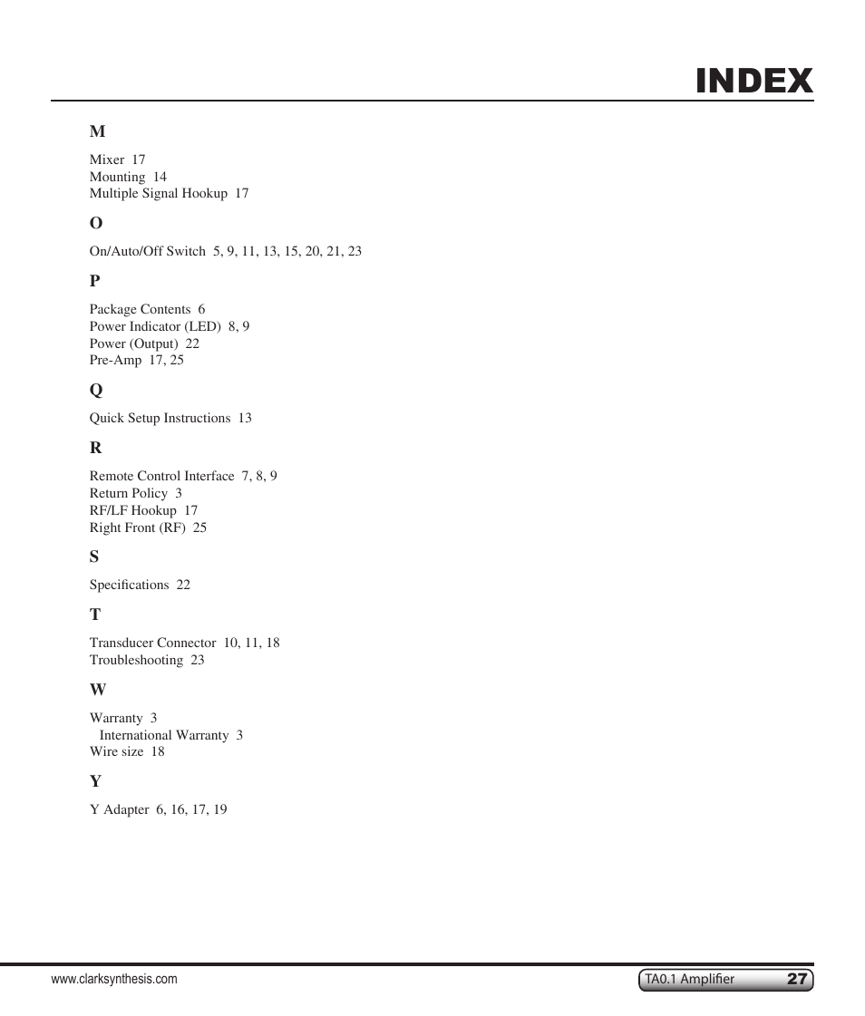 Index | Clark Synthesis TACTILE SOUND TA0.1 User Manual | Page 27 / 28