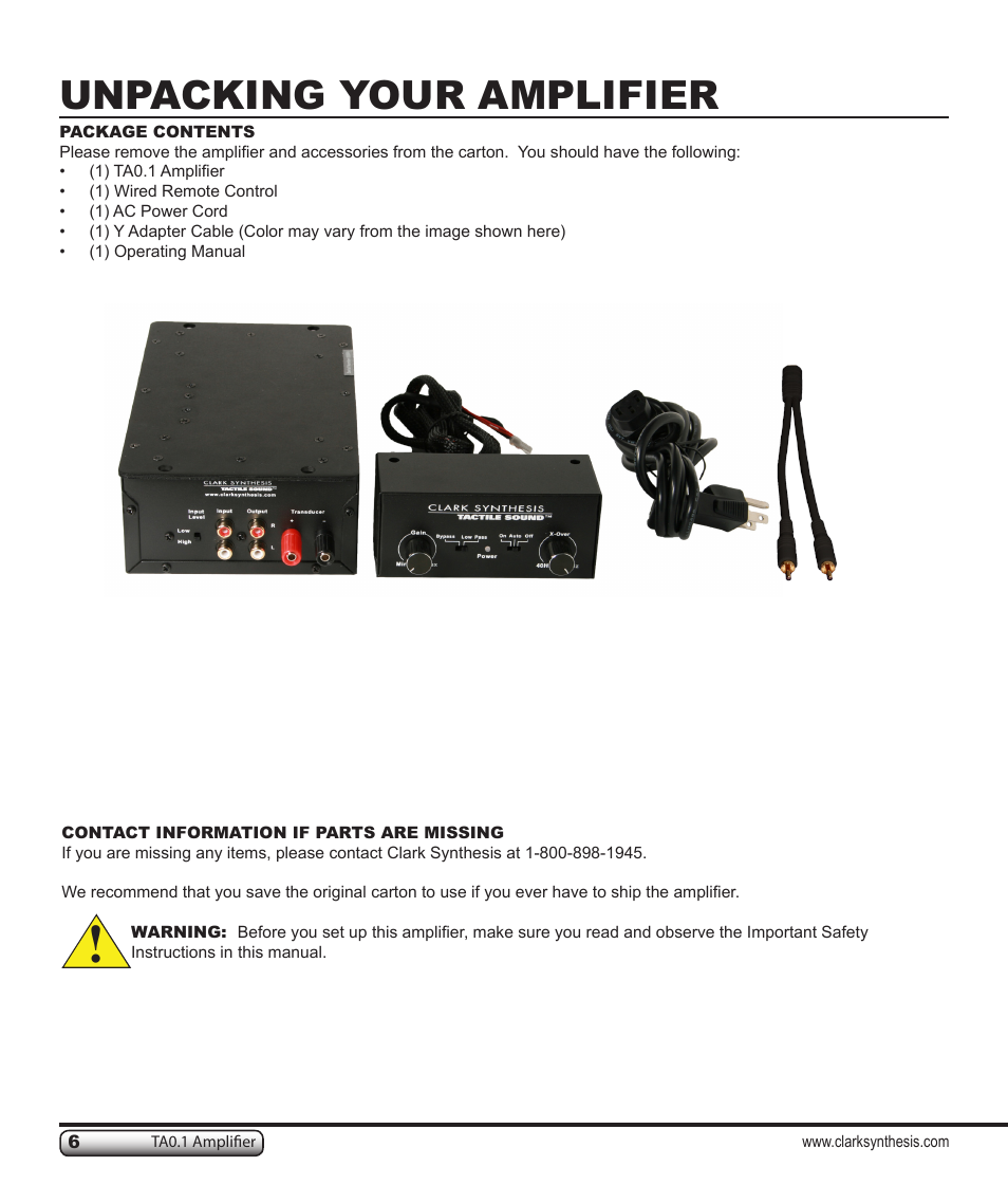 Unpacking your amplifier | Clark Synthesis TACTILE SOUND TA0.1 User Manual | Page 6 / 28