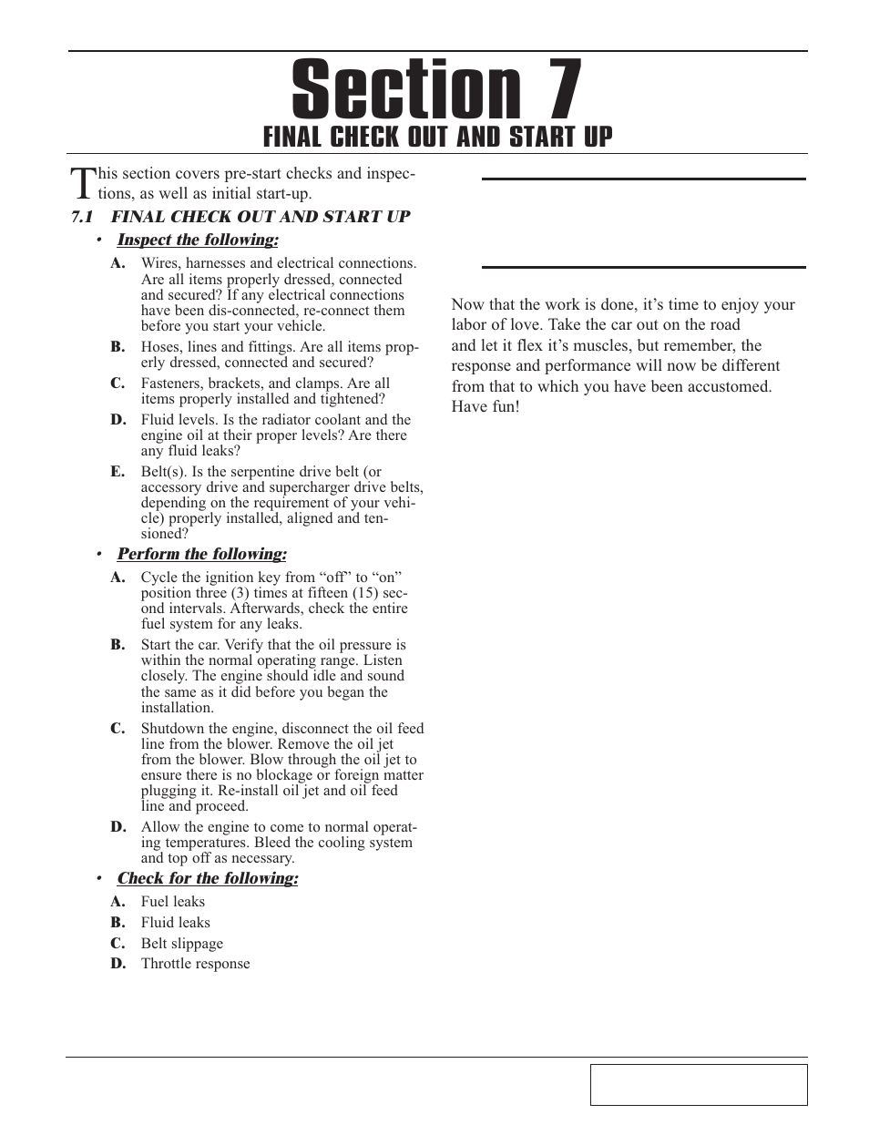 Final check-out and start up, 1 final check-out and star, Final check-out and start up -1 | Final check out and start up | Paxton Superchargers 4.7 Dodge Ram User Manual | Page 21 / 34