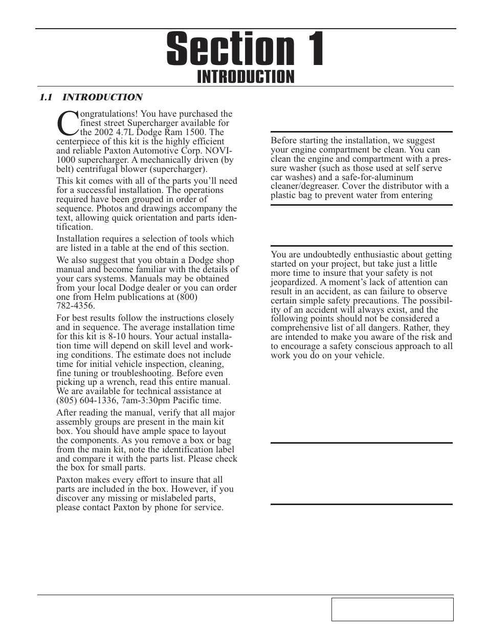 Introduction, 1 introduction, Introduction -1 | Paxton Superchargers 4.7 Dodge Ram User Manual | Page 5 / 34