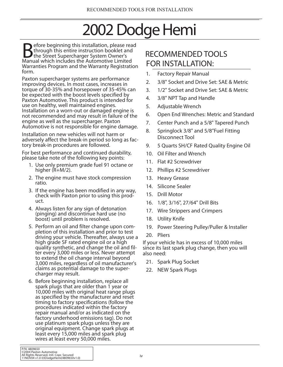 2002 dodge hemi, Recommended tools for installation | Paxton Superchargers 5.7L Dodge Hemi User Manual | Page 4 / 42