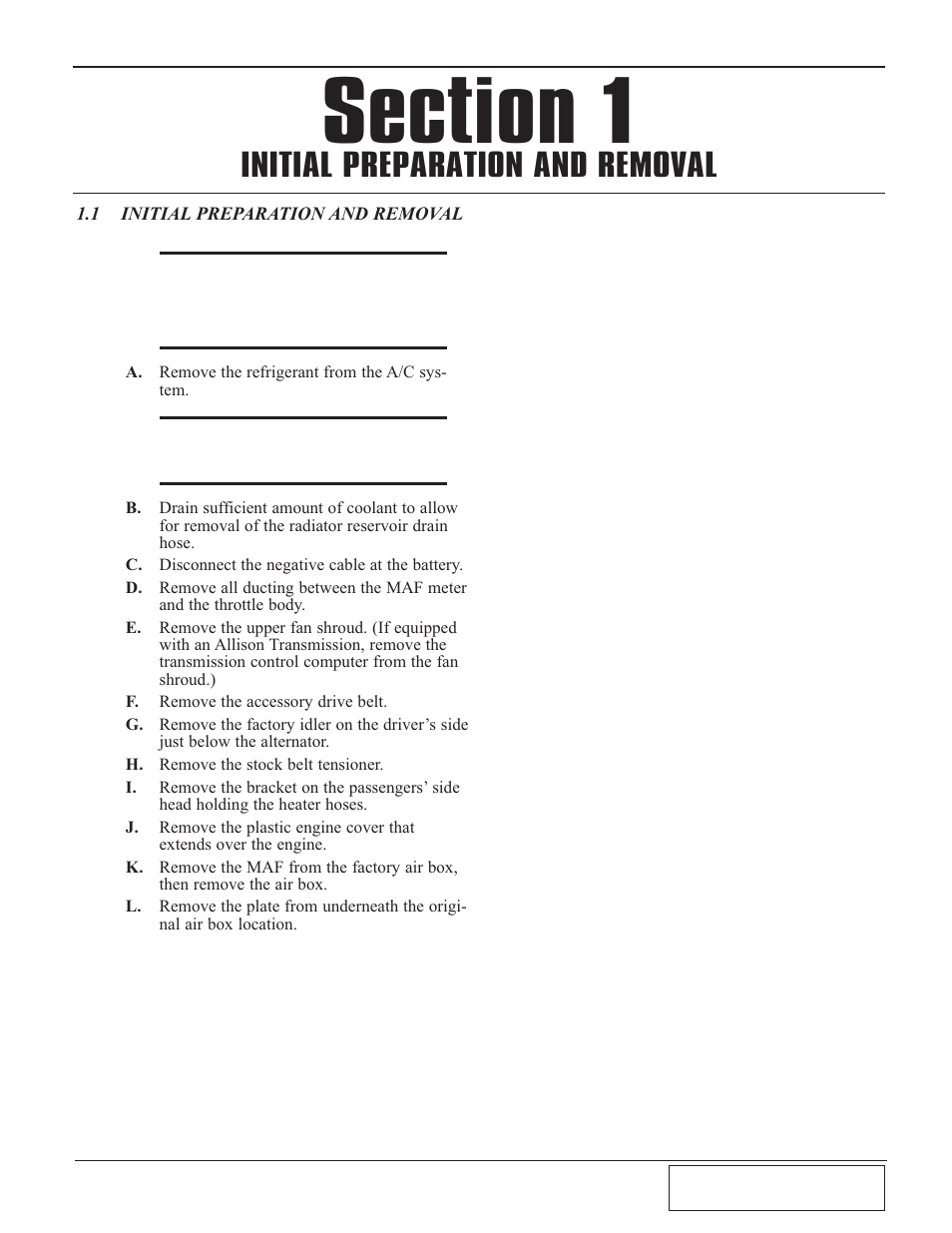 1 initial preparation and, Initial preparation and removal -1, Initial preparation and removal | Paxton Superchargers GM 8.1 HD Truck/SUV User Manual | Page 9 / 50