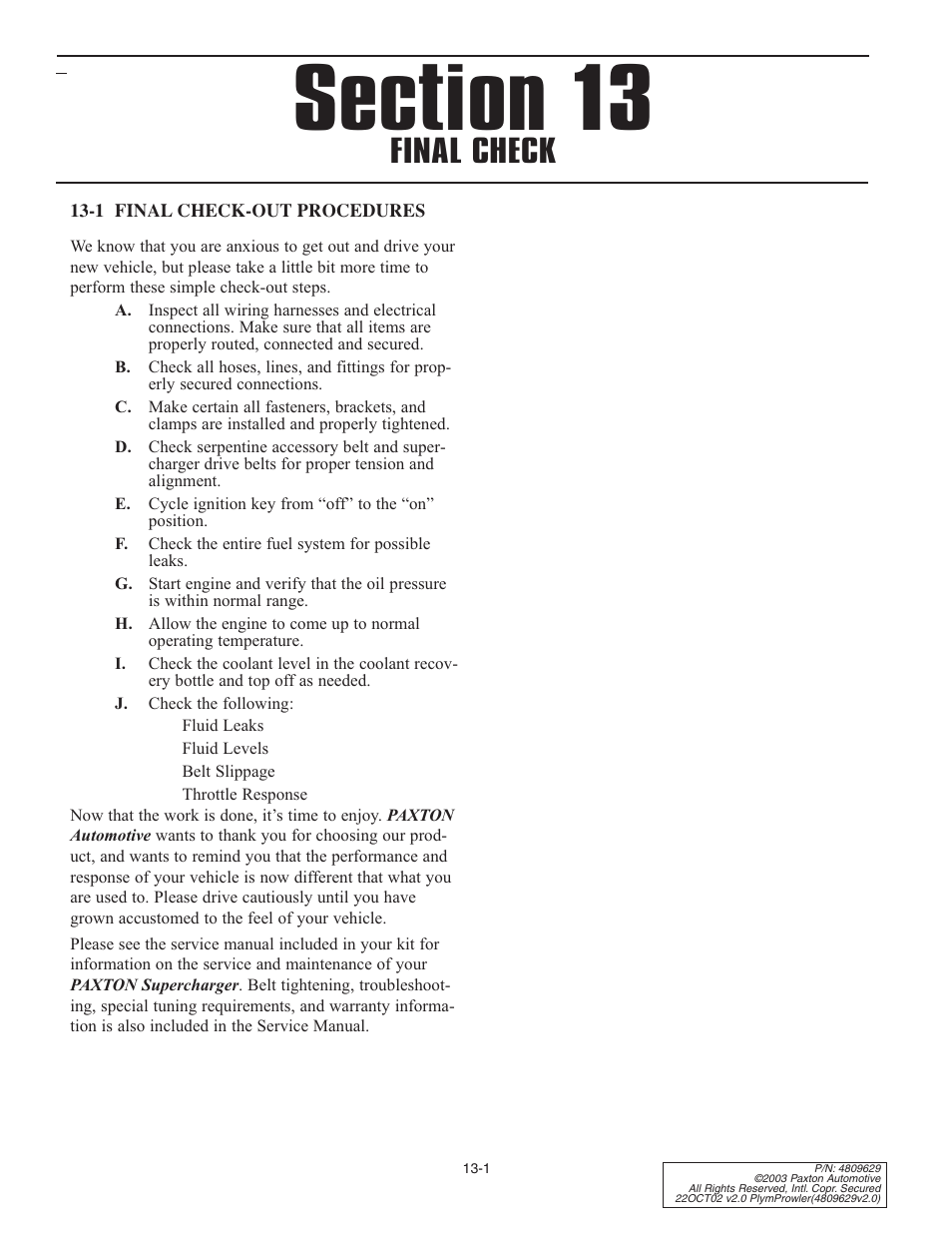 1 final check-out procedures, Final check | Paxton Superchargers Plymouth Prowler User Manual | Page 33 / 58