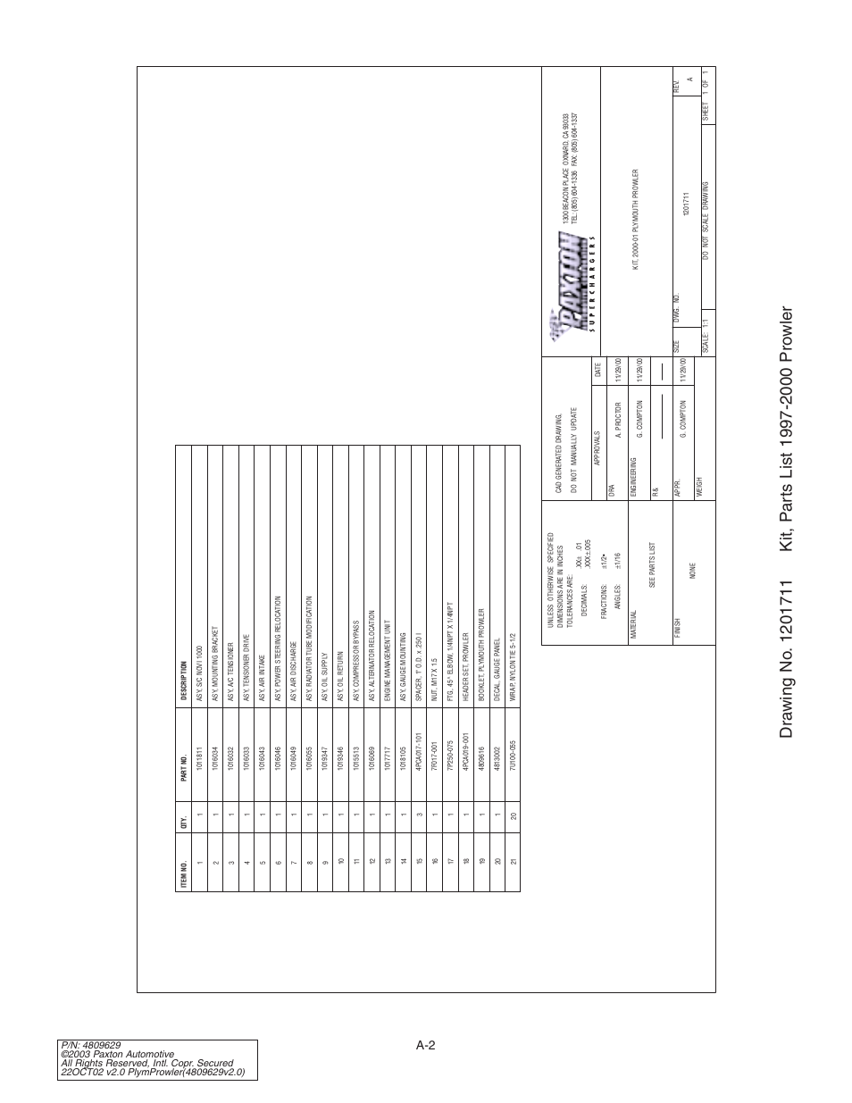 Drawing no. 1201711 kit, par, Drawing no. 1201711 | Paxton Superchargers Plymouth Prowler User Manual | Page 36 / 58