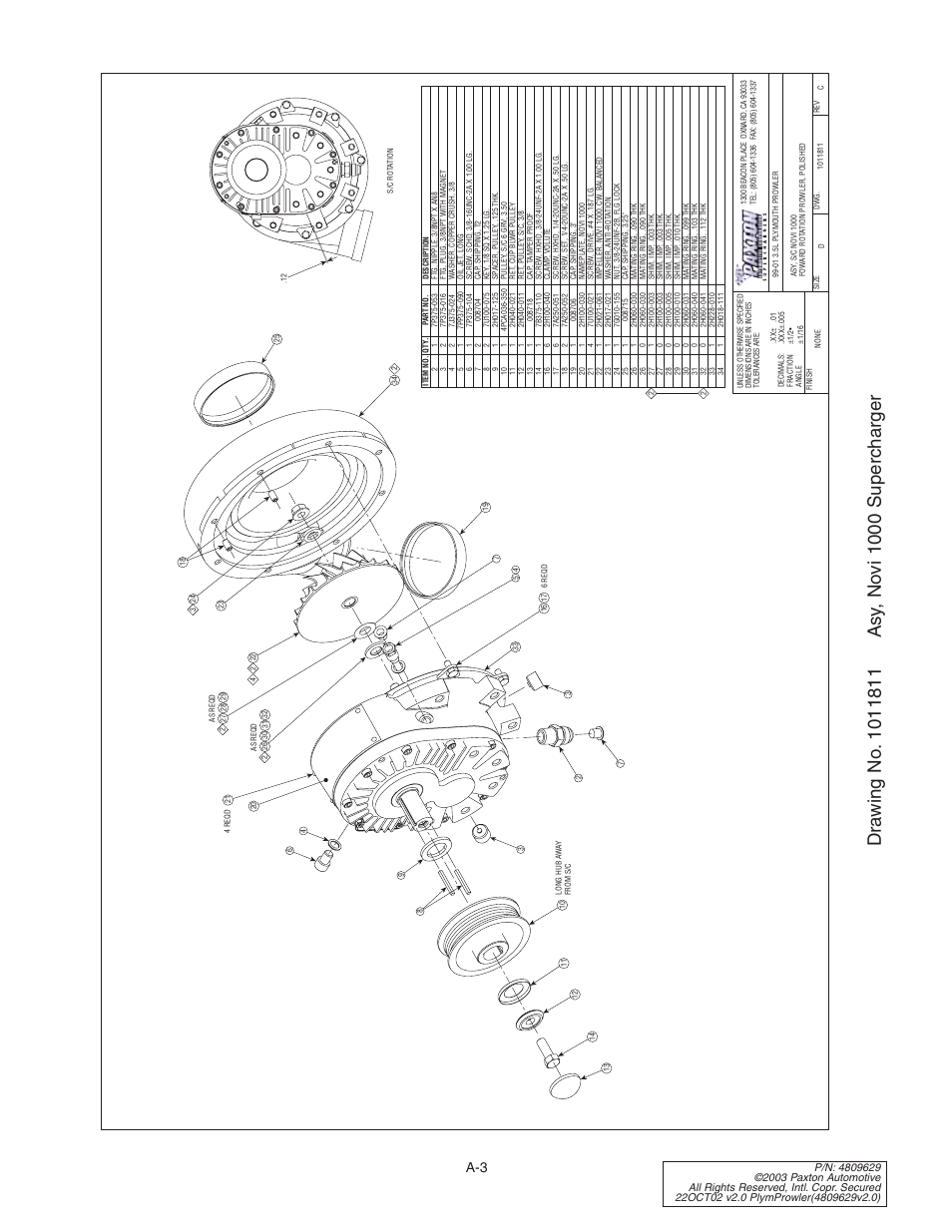 Drawing no. 1011811 asy, nov, Drawing no. 1011811 | Paxton Superchargers Plymouth Prowler User Manual | Page 37 / 58