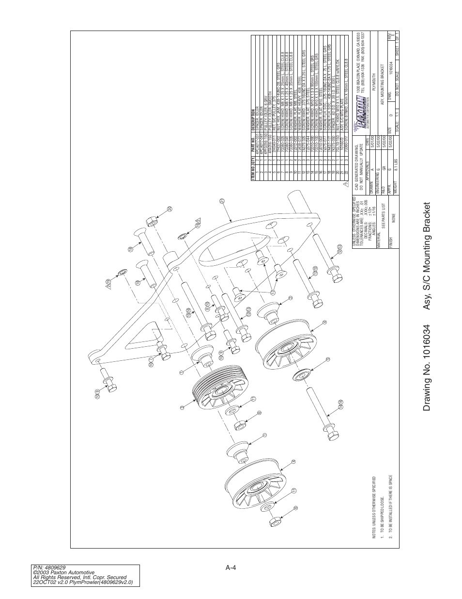 Drawing no. 1016034 asy, s/c, Drawing no. 1016034 | Paxton Superchargers Plymouth Prowler User Manual | Page 38 / 58