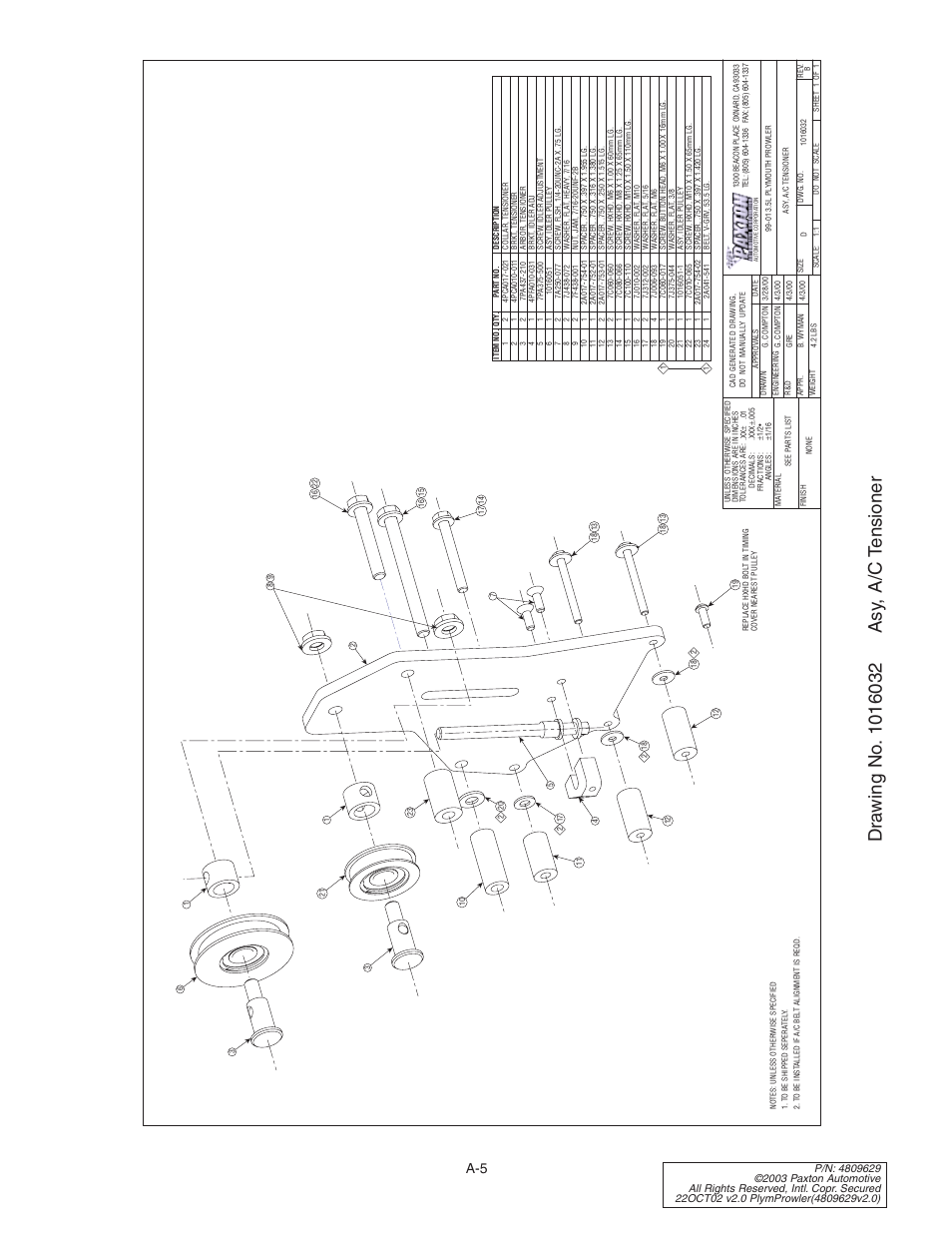 Drawing no. 1016032 asy, a/c, Drawing no. 1016032 | Paxton Superchargers Plymouth Prowler User Manual | Page 39 / 58