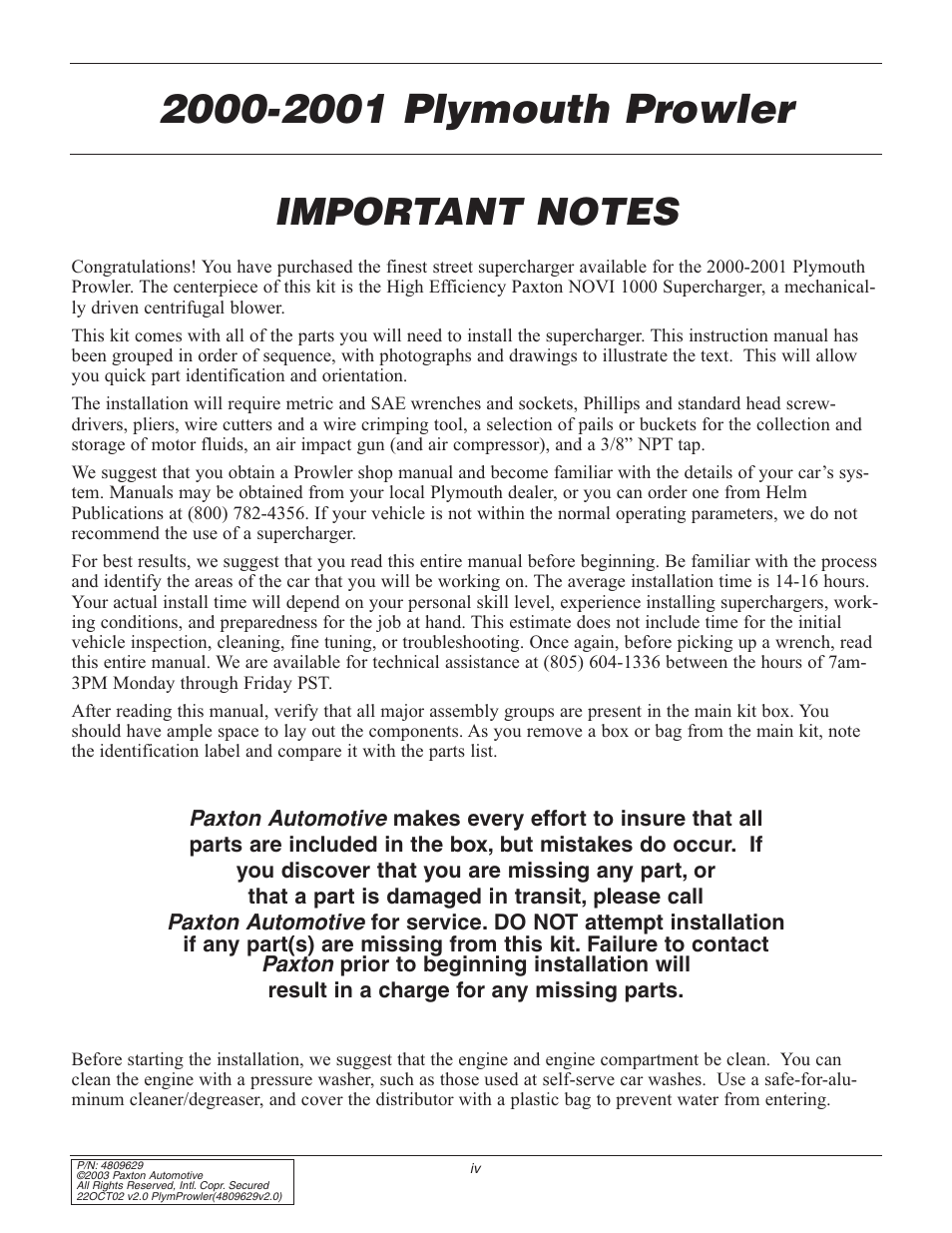 Important notes | Paxton Superchargers Plymouth Prowler User Manual | Page 4 / 58