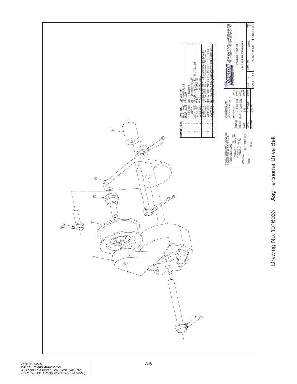 Drawing no. 1016033 asy, ten, Drawing no. 1016033 | Paxton Superchargers Plymouth Prowler User Manual | Page 40 / 58