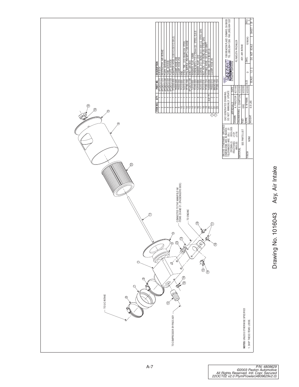 Drawing no. 1016043 asy, air, Drawing no. 1016043 | Paxton Superchargers Plymouth Prowler User Manual | Page 41 / 58