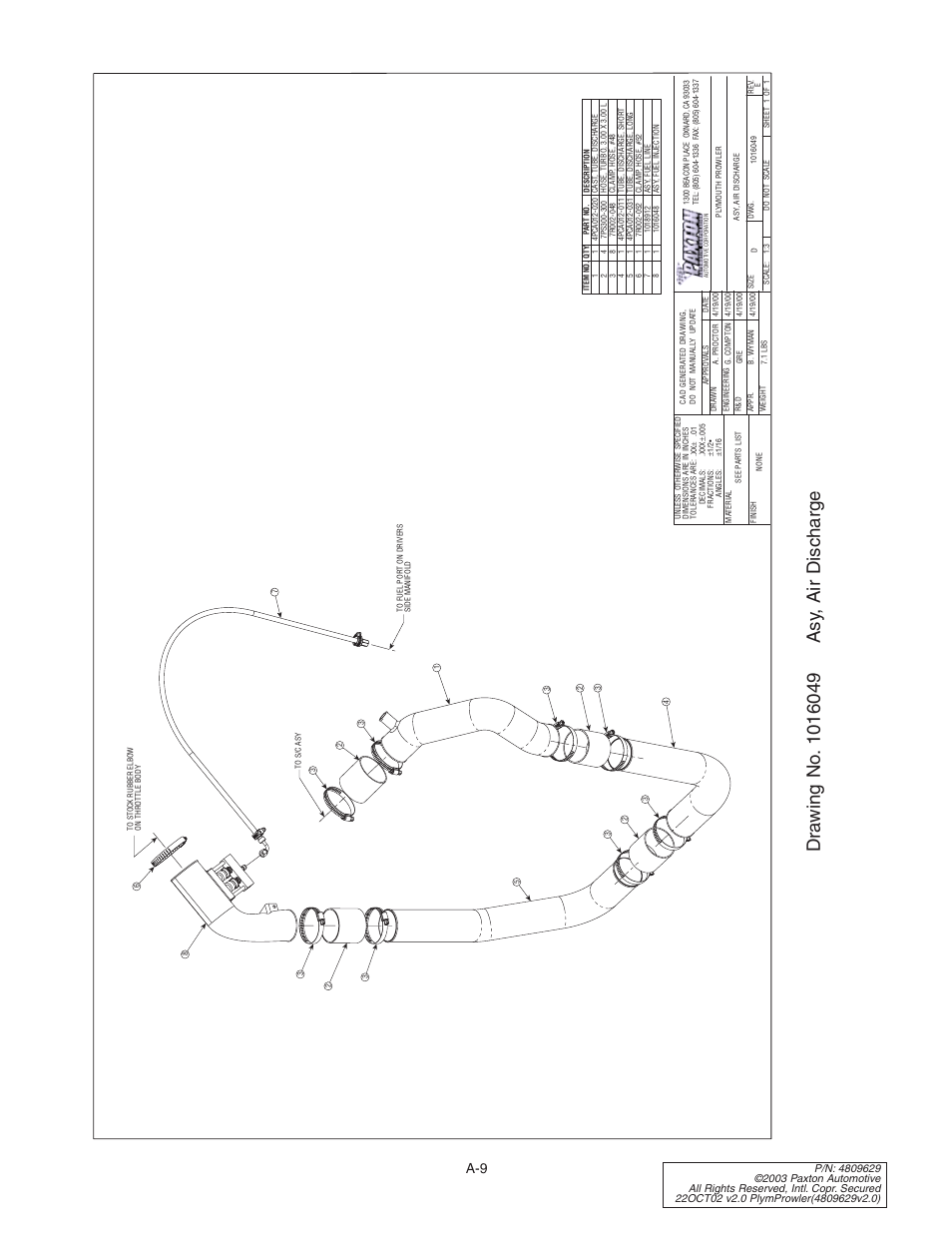 Drawing no. 1016049 asy, air, Drawing no. 1016049 | Paxton Superchargers Plymouth Prowler User Manual | Page 43 / 58