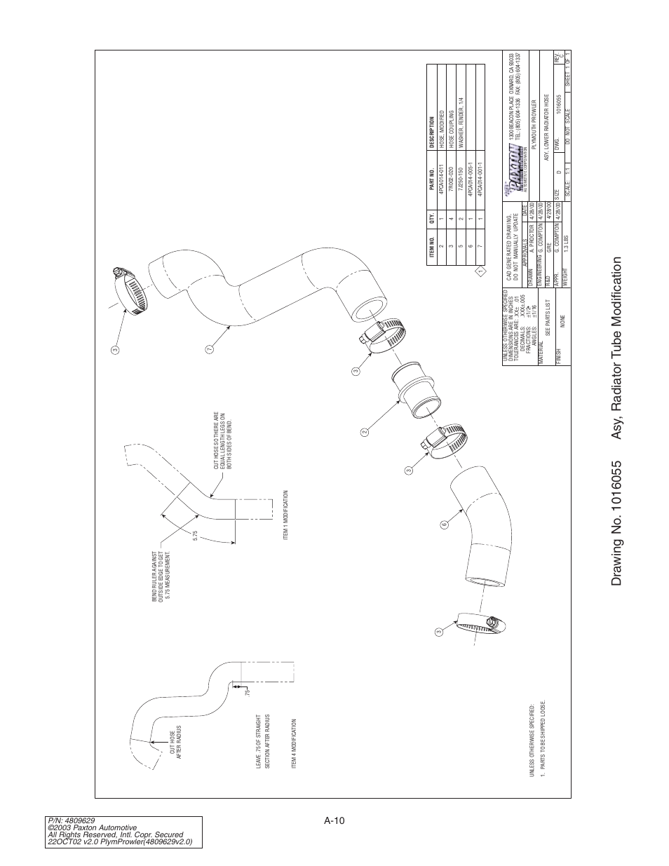 Drawing no. 1016055 asy, rad, Drawing no. 1016055, A-10 | Paxton Superchargers Plymouth Prowler User Manual | Page 44 / 58