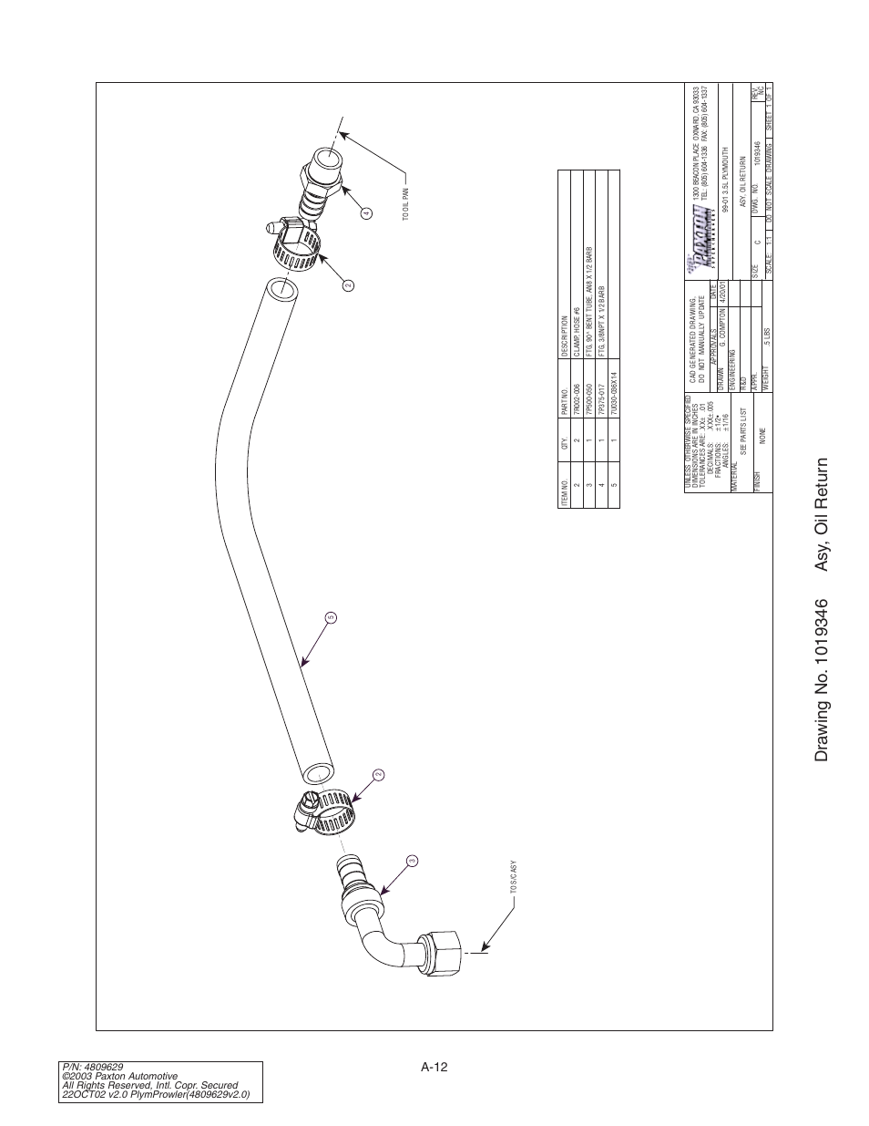 Drawing no. 1019346 asy, oil, Drawing no. 1019346, A-12 | Paxton Superchargers Plymouth Prowler User Manual | Page 46 / 58