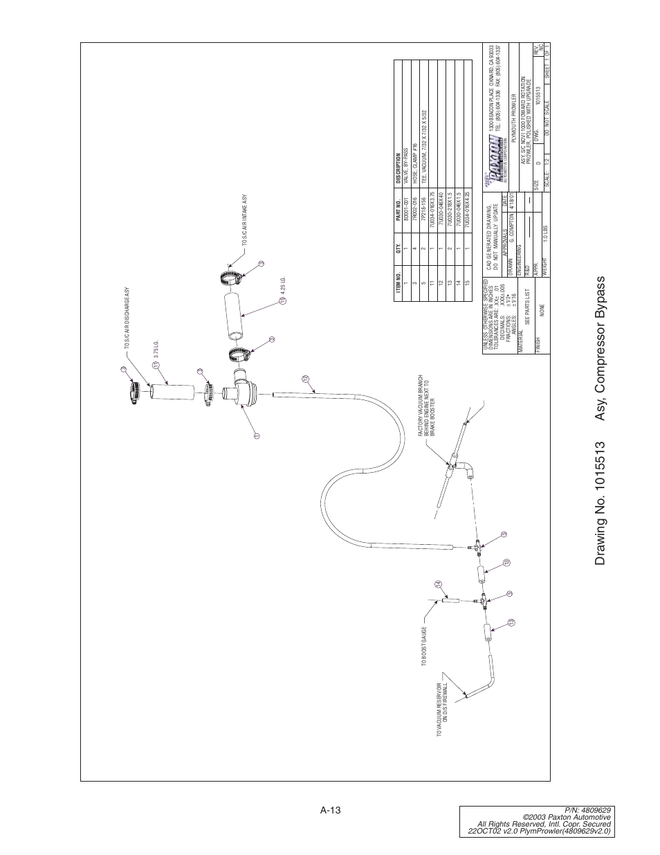 Drawing no. 1015513 asy, com, Drawing no. 1015513, A-13 | Paxton Superchargers Plymouth Prowler User Manual | Page 47 / 58