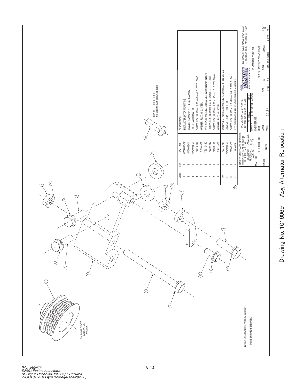 Drawing no. 1016069 asy, alt, Drawing no. 1016069, A-14 | Paxton Superchargers Plymouth Prowler User Manual | Page 48 / 58