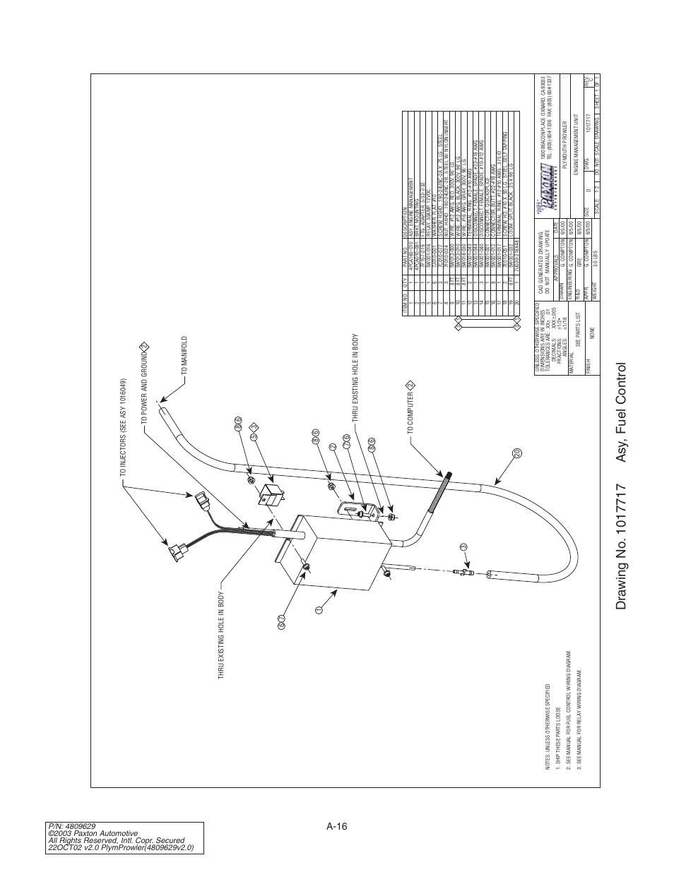 Drawing no. 1017717 asy, fue, Drawing no. 1017717, A-16 | Paxton Superchargers Plymouth Prowler User Manual | Page 50 / 58