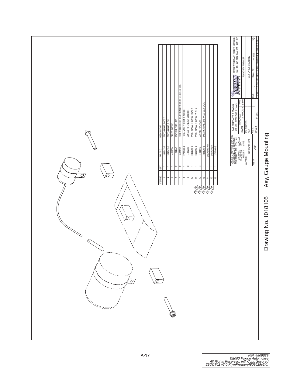 Drawing no. 1018105 asy, gau, Drawing no. 1018105, A-17 | Paxton Superchargers Plymouth Prowler User Manual | Page 51 / 58