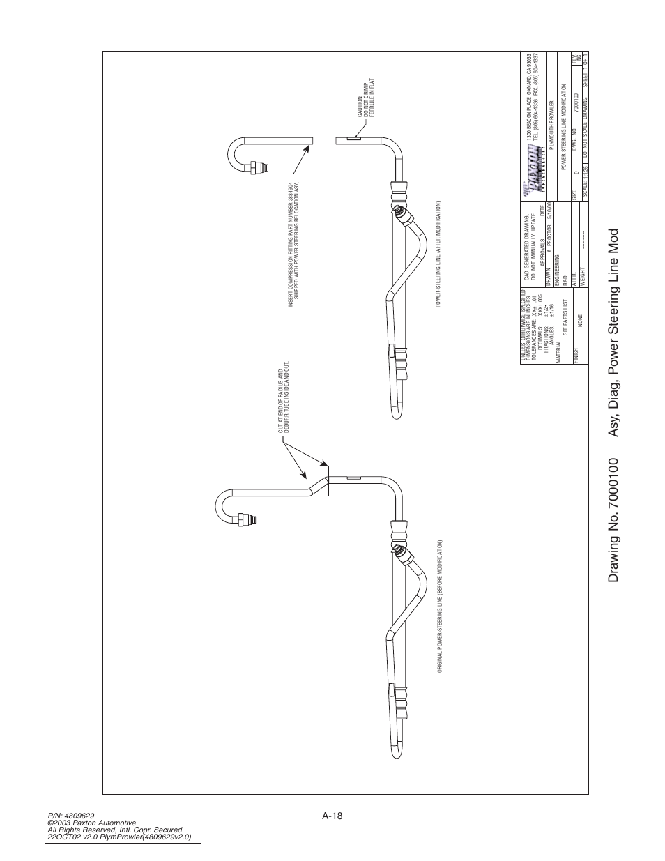 Drawing no. 7000100 asy, dia, Drawing no. 7000100, A-18 | Paxton Superchargers Plymouth Prowler User Manual | Page 52 / 58