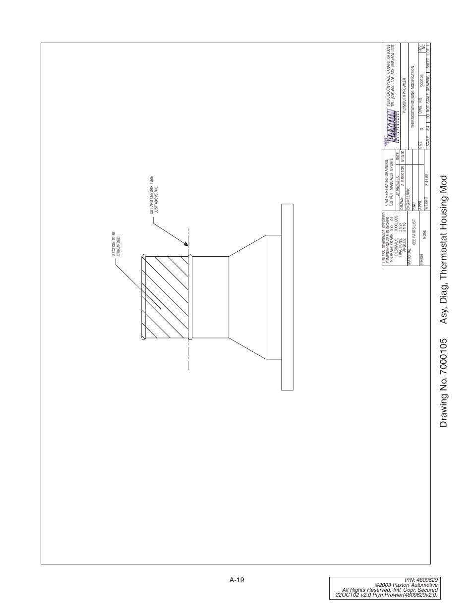 Drawing no. 7000105 asy, dia, Drawing no. 7000105, A-19 | Paxton Superchargers Plymouth Prowler User Manual | Page 53 / 58