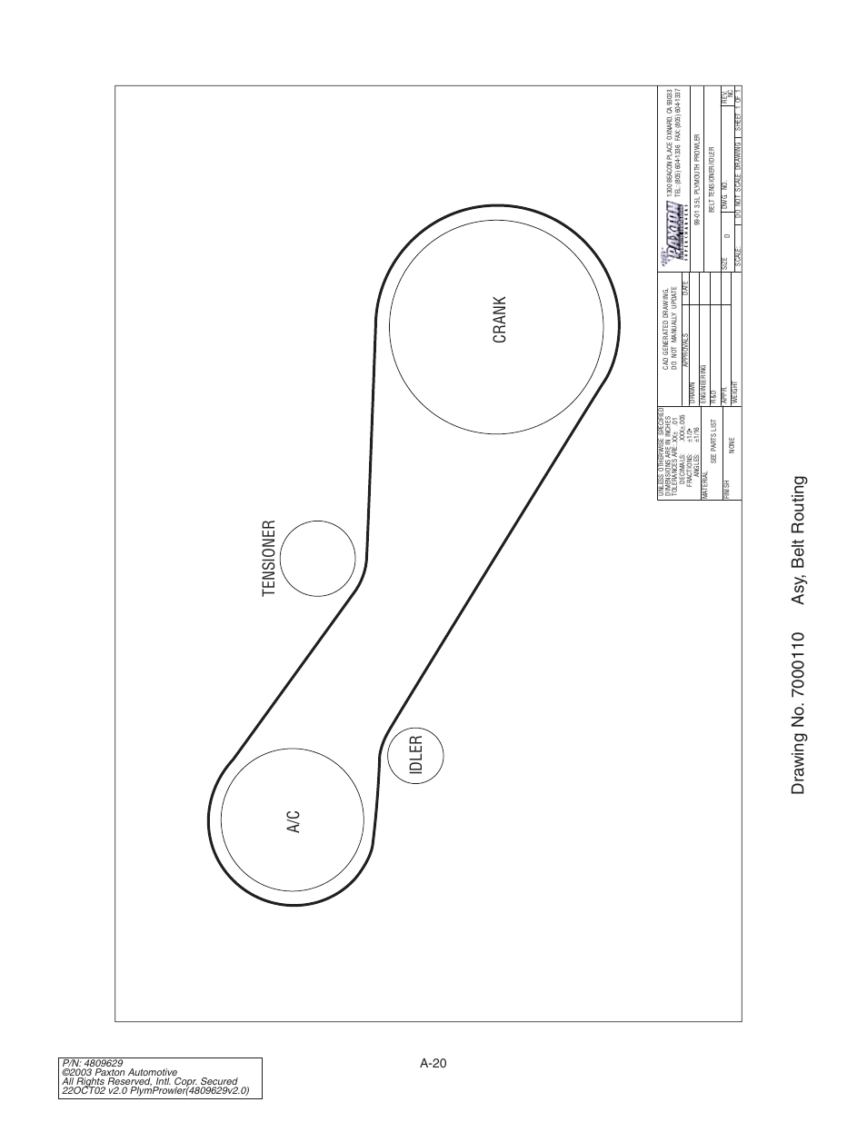 Drawing no. 7000110 asy, bel, Drawing no. 7000110, Crank tensioner a/c idler | A-20 | Paxton Superchargers Plymouth Prowler User Manual | Page 54 / 58