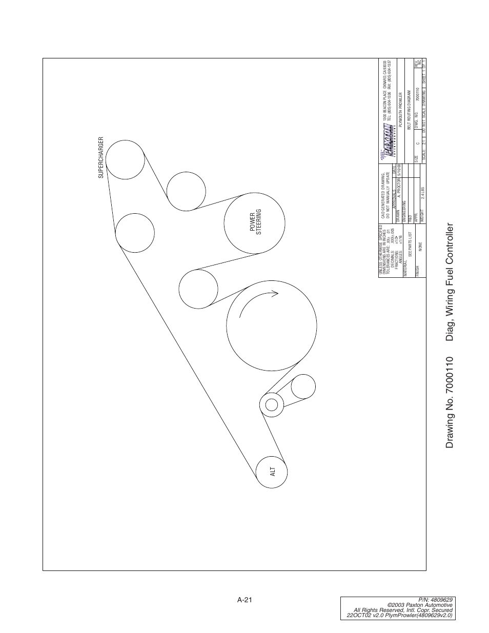 Drawing no. 7000110 diag, wi, Drawing no. 7000110, A-21 | Paxton Superchargers Plymouth Prowler User Manual | Page 55 / 58