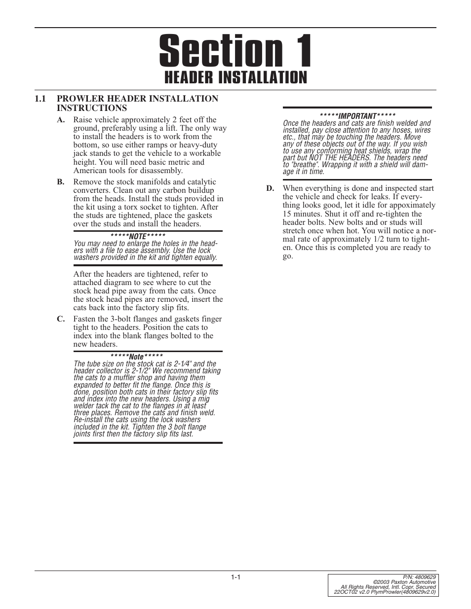 1 prowler header installat, Prowler header installation instructions, Header installation | Paxton Superchargers Plymouth Prowler User Manual | Page 7 / 58