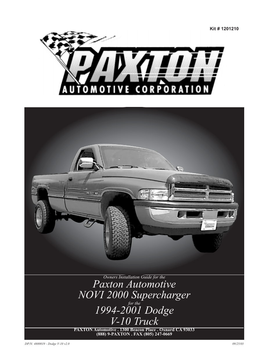 Paxton Superchargers Dodge V-10 Truck User Manual | 48 pages