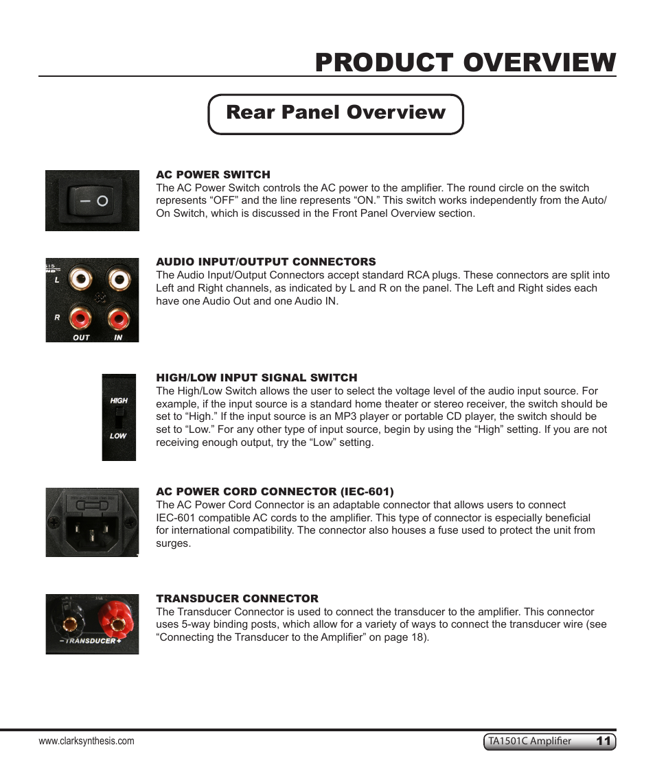 Product overview, Rear panel overview | Clark Synthesis TACTILE SOUND TA1501C User Manual | Page 11 / 28
