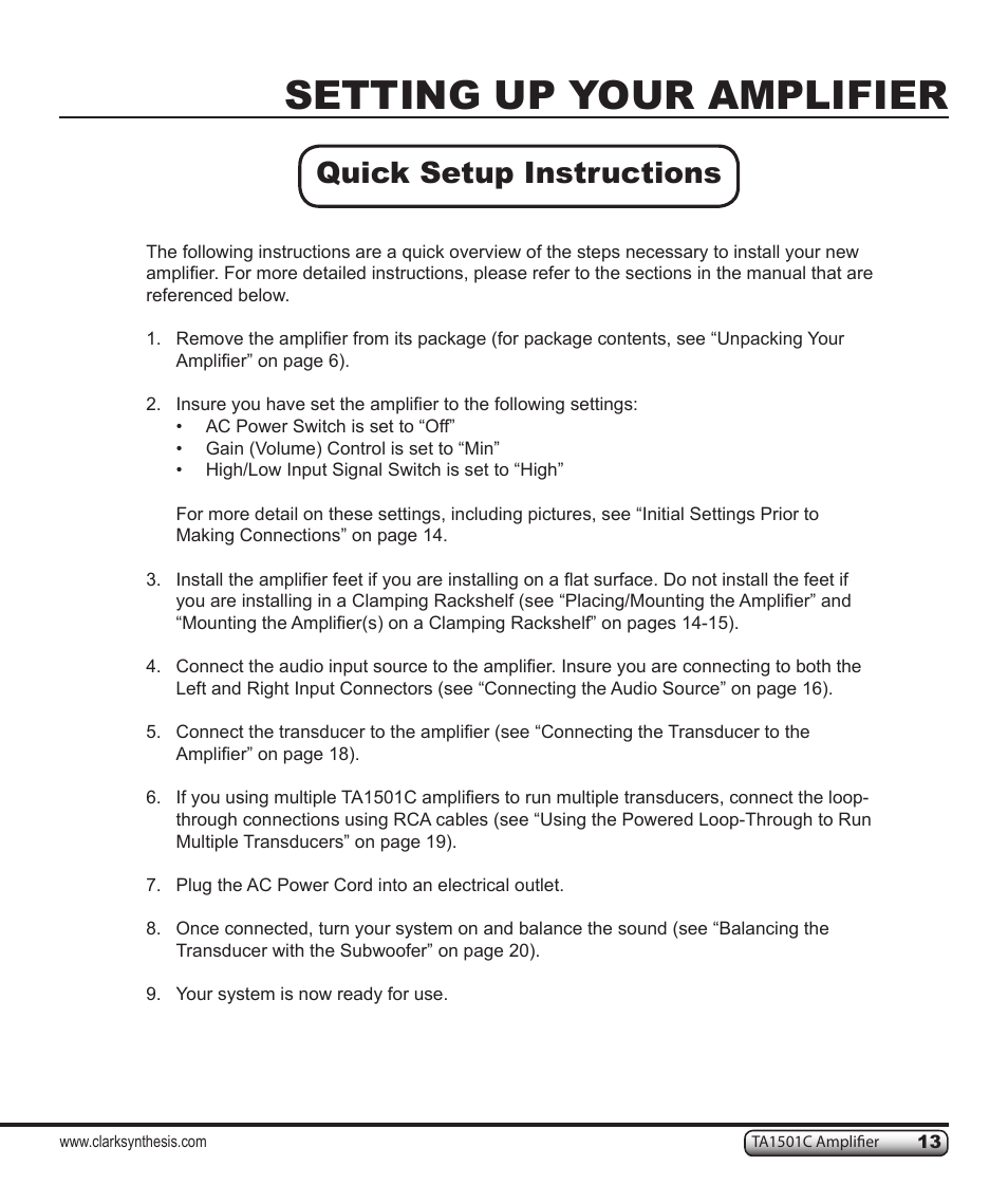 Setting up your amplifier, Quick setup instructions | Clark Synthesis TACTILE SOUND TA1501C User Manual | Page 13 / 28