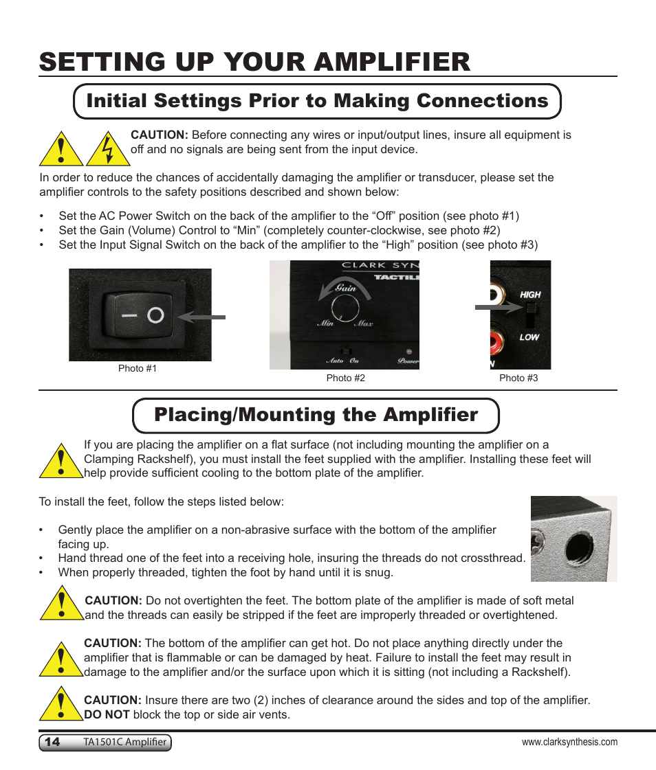 Setting up your amplifier | Clark Synthesis TACTILE SOUND TA1501C User Manual | Page 14 / 28