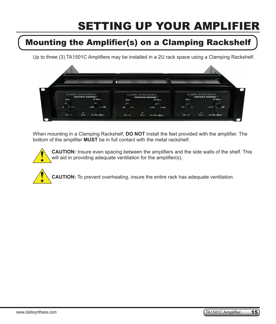 Setting up your amplifier, Mounting the amplifier(s) on a clamping rackshelf | Clark Synthesis TACTILE SOUND TA1501C User Manual | Page 15 / 28