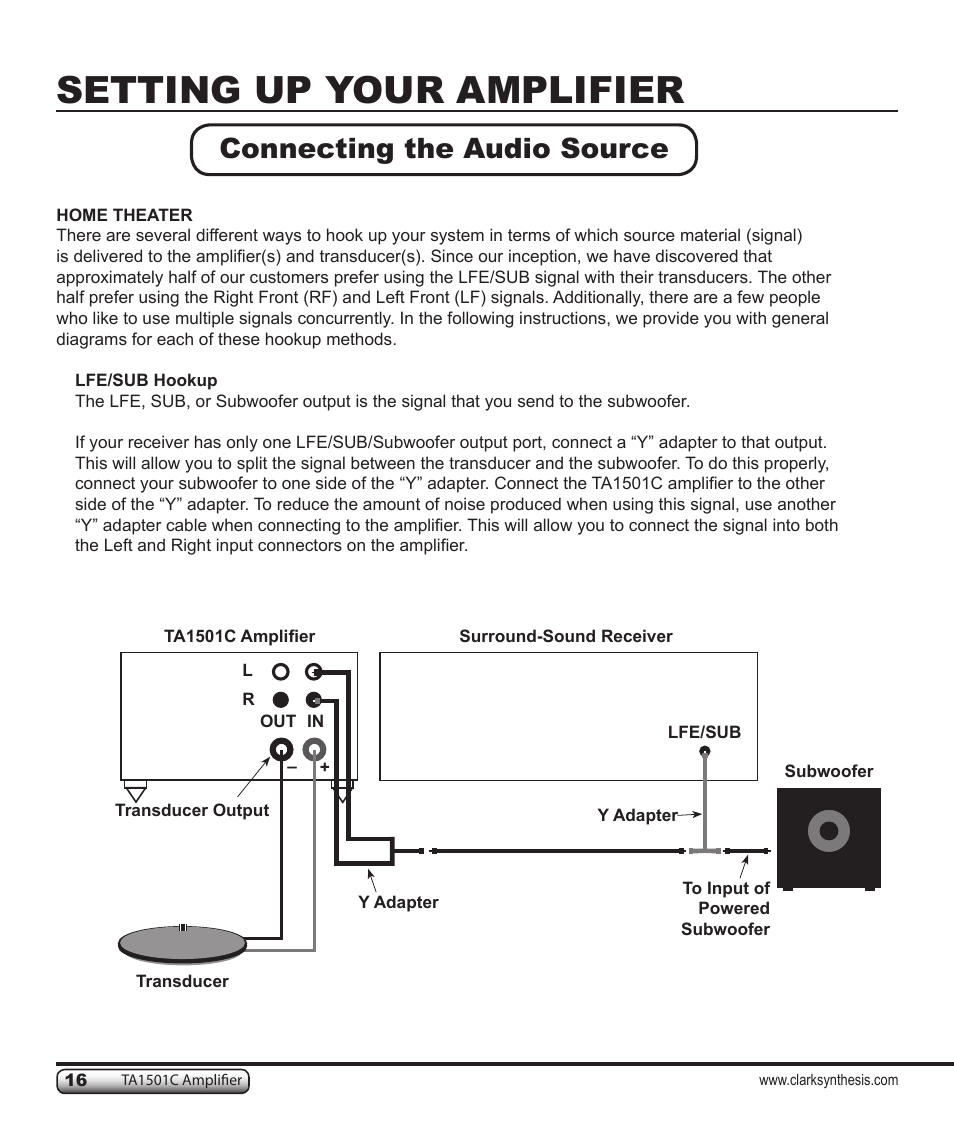 Setting up your amplifier, Connecting the audio source | Clark Synthesis TACTILE SOUND TA1501C User Manual | Page 16 / 28