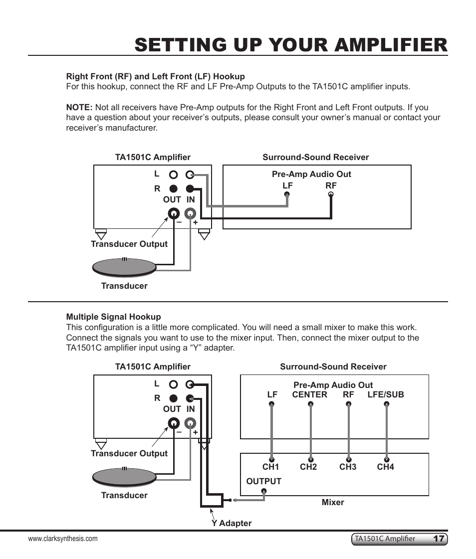 Setting up your amplifier | Clark Synthesis TACTILE SOUND TA1501C User Manual | Page 17 / 28