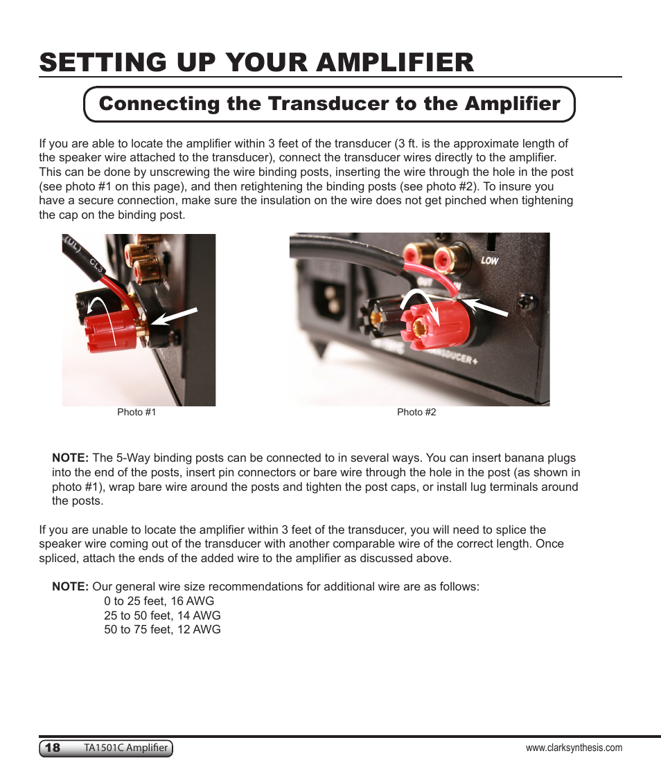 Setting up your amplifier, Connecting the transducer to the amplifier | Clark Synthesis TACTILE SOUND TA1501C User Manual | Page 18 / 28