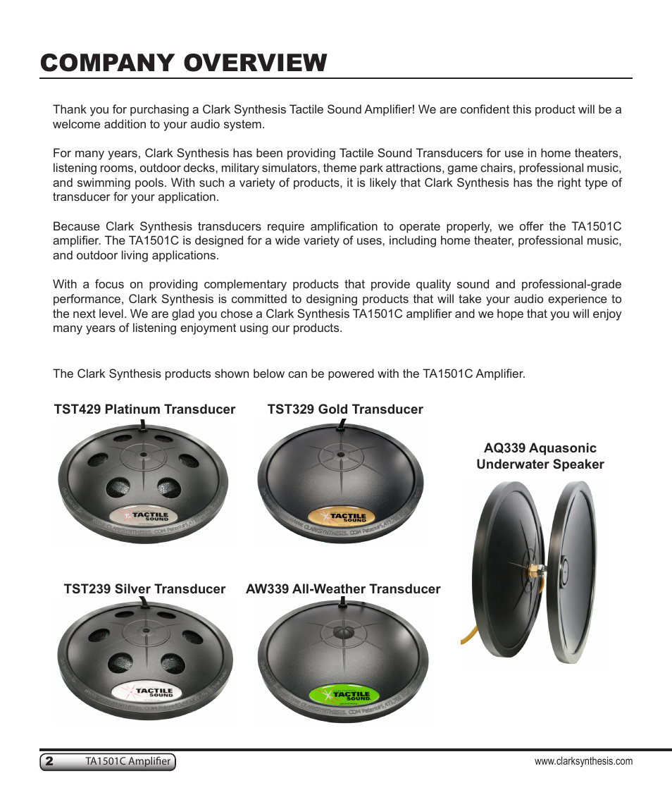 Company overview | Clark Synthesis TACTILE SOUND TA1501C User Manual | Page 2 / 28