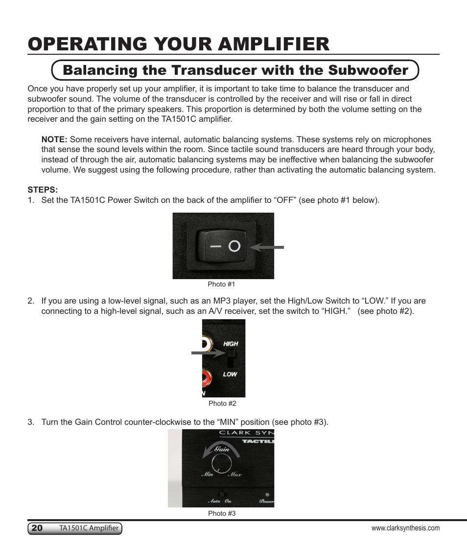 Operating your amplifier, Balancing the transducer with the subwoofer | Clark Synthesis TACTILE SOUND TA1501C User Manual | Page 20 / 28