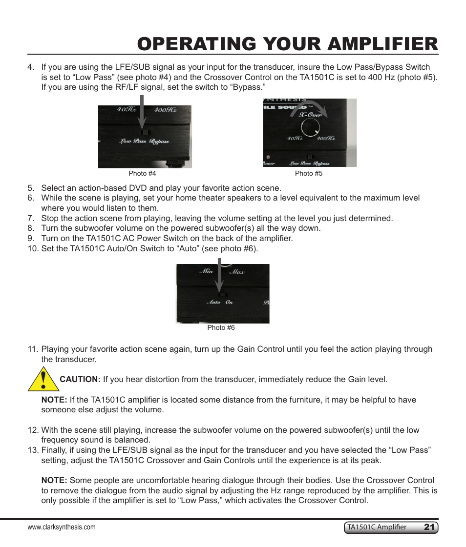 Operating your amplifier | Clark Synthesis TACTILE SOUND TA1501C User Manual | Page 21 / 28