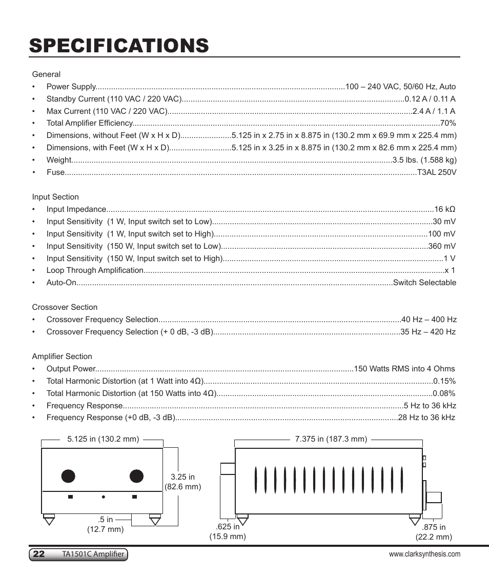 Specifications | Clark Synthesis TACTILE SOUND TA1501C User Manual | Page 22 / 28