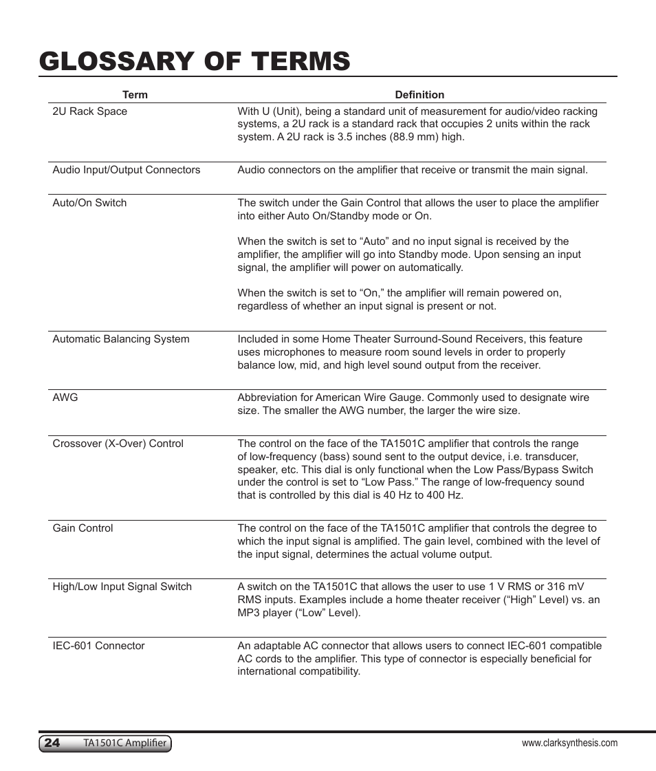 Glossary of terms | Clark Synthesis TACTILE SOUND TA1501C User Manual | Page 24 / 28