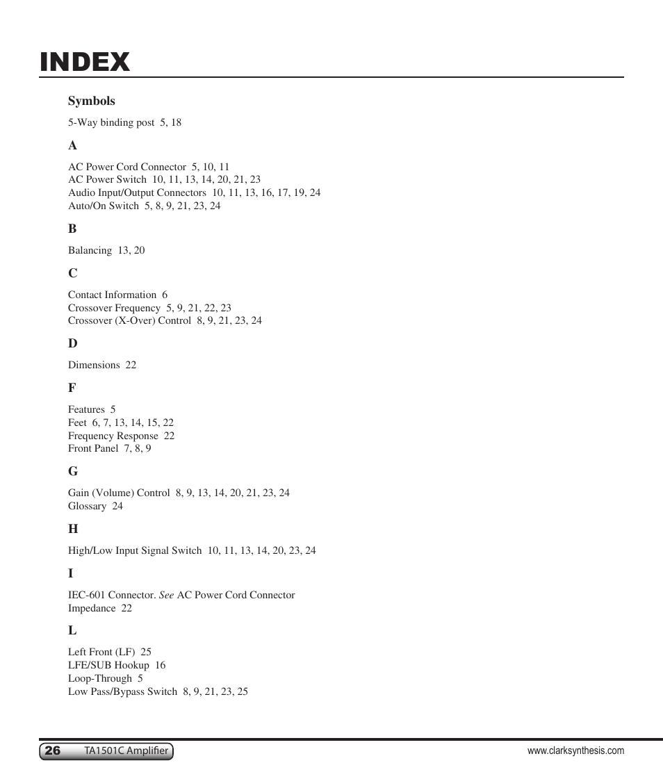 Index | Clark Synthesis TACTILE SOUND TA1501C User Manual | Page 26 / 28