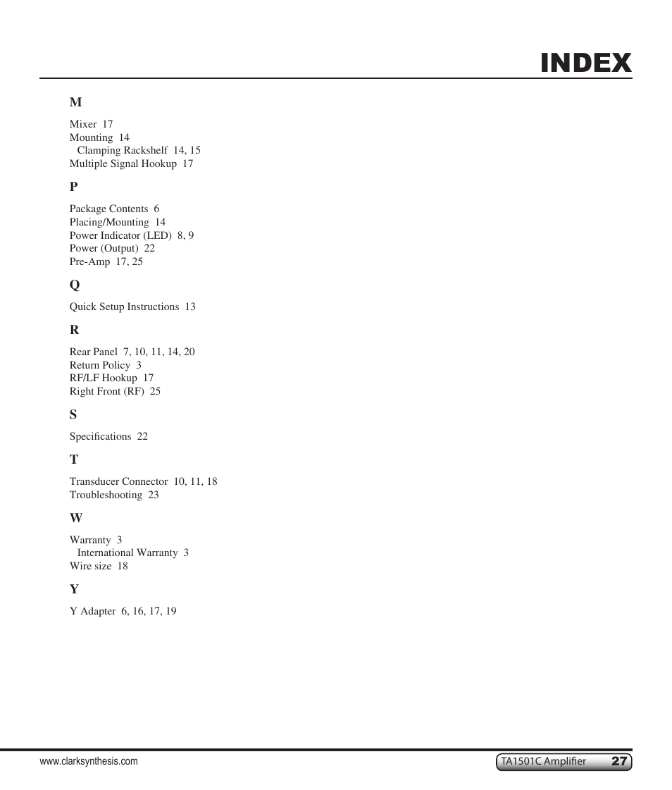Index | Clark Synthesis TACTILE SOUND TA1501C User Manual | Page 27 / 28