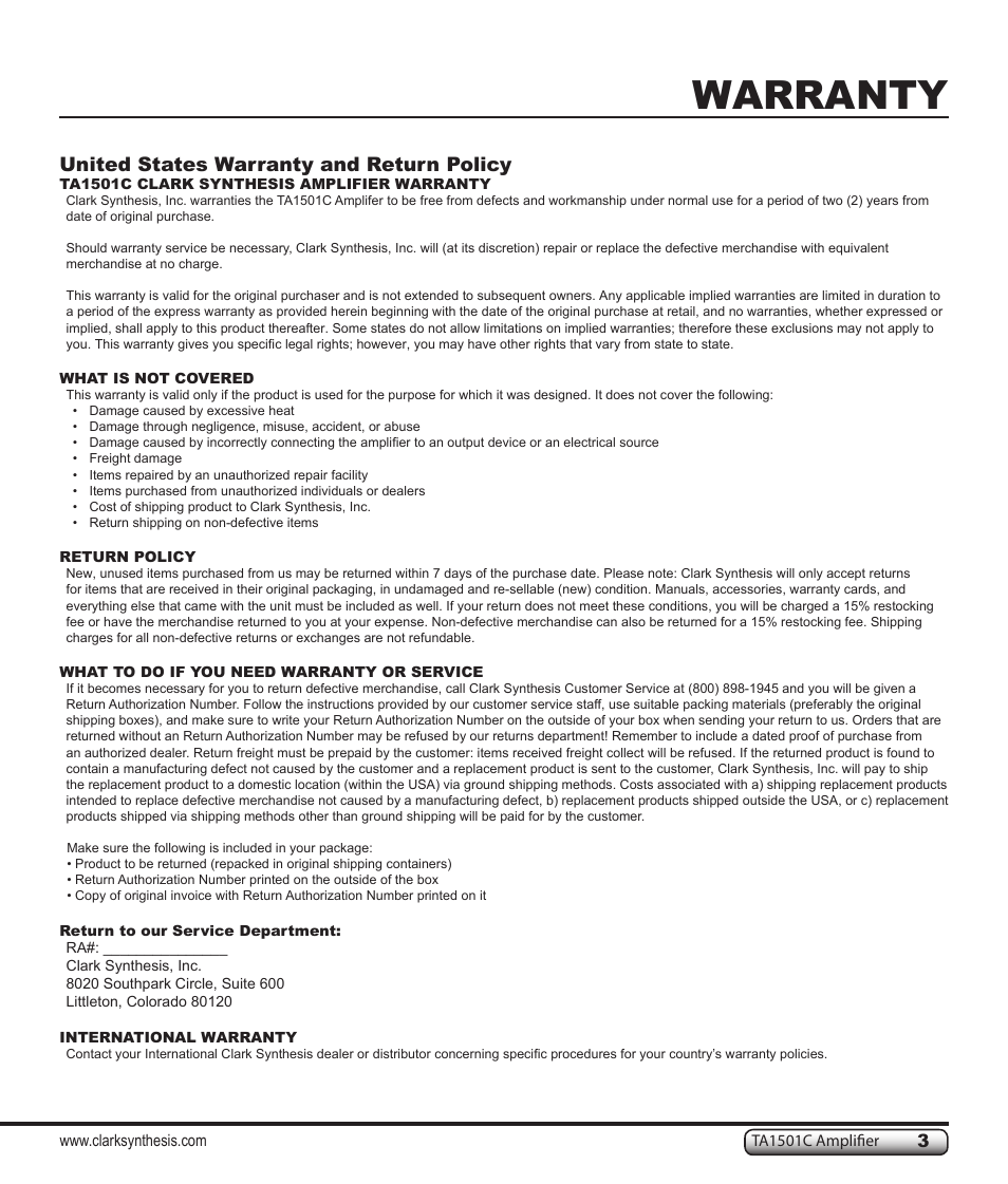 Warranty, United states warranty and return policy | Clark Synthesis TACTILE SOUND TA1501C User Manual | Page 3 / 28