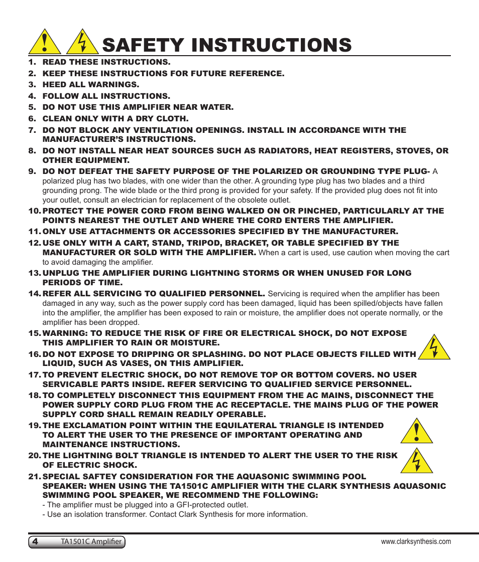 Safety instructions | Clark Synthesis TACTILE SOUND TA1501C User Manual | Page 4 / 28