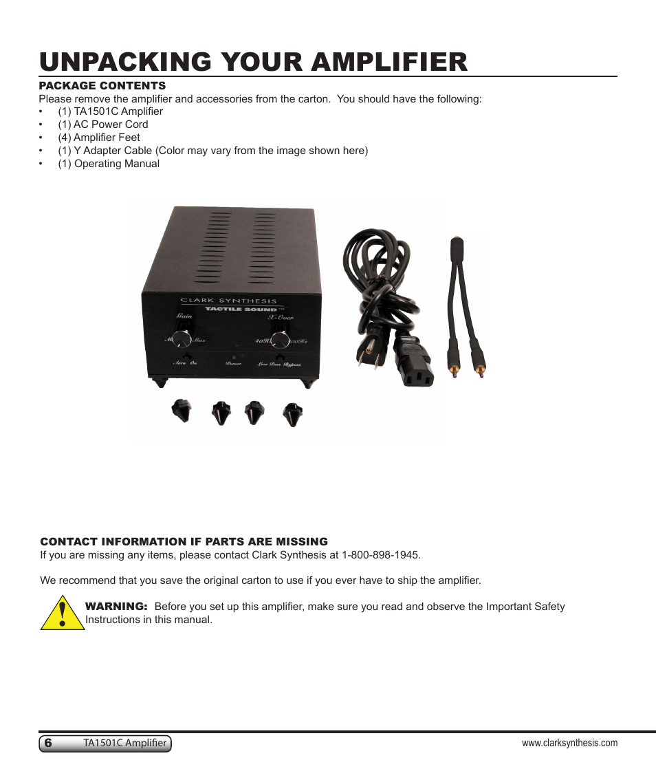 Unpacking your amplifier | Clark Synthesis TACTILE SOUND TA1501C User Manual | Page 6 / 28