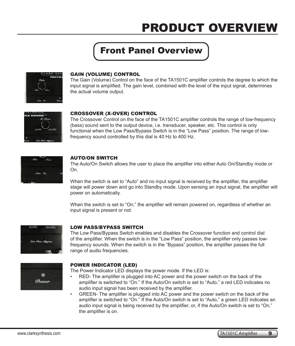 Product overview, Front panel overview | Clark Synthesis TACTILE SOUND TA1501C User Manual | Page 9 / 28