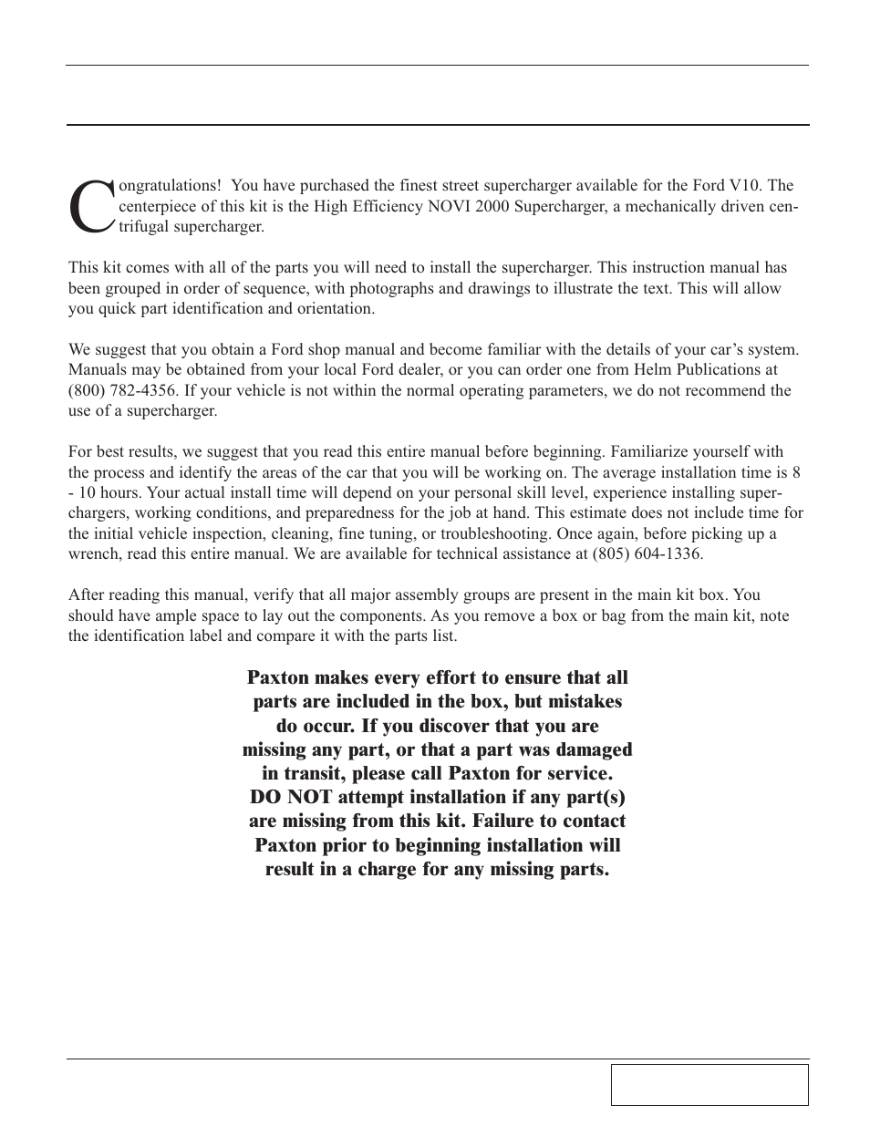 Introduction | Paxton Superchargers Ford V-10 Super Duty Truck User Manual | Page 5 / 38