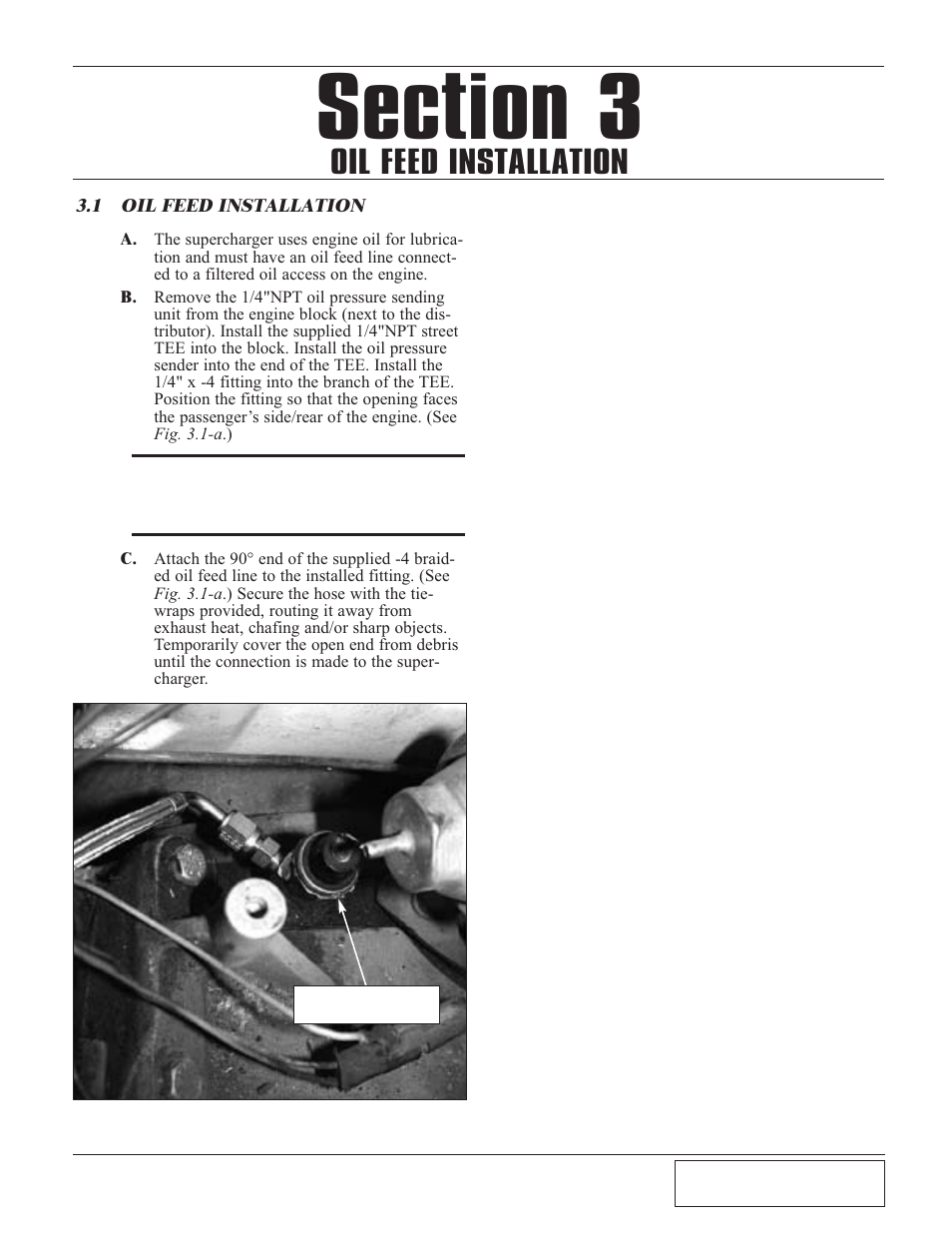 Oil feed installation, Oil feed installation -1 | Paxton Superchargers Universal Small Block Mopar/318 Carbureted System User Manual | Page 13 / 30