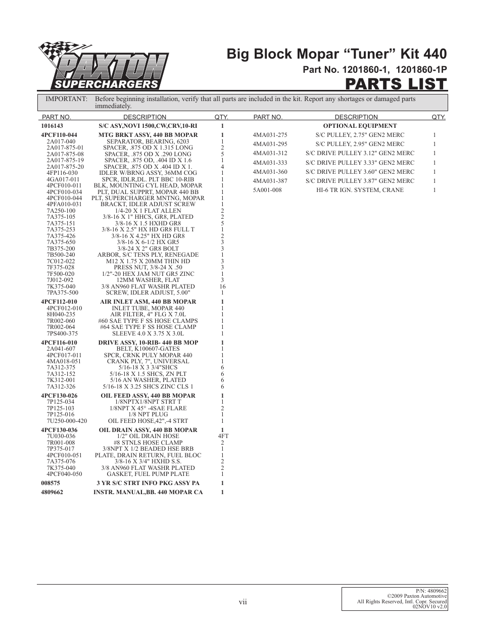 Parts list, Big block mopar “tuner” kit 440, Superchargers | Paxton Superchargers Universal Big Block Mopar 440 Carbureted System User Manual | Page 7 / 32
