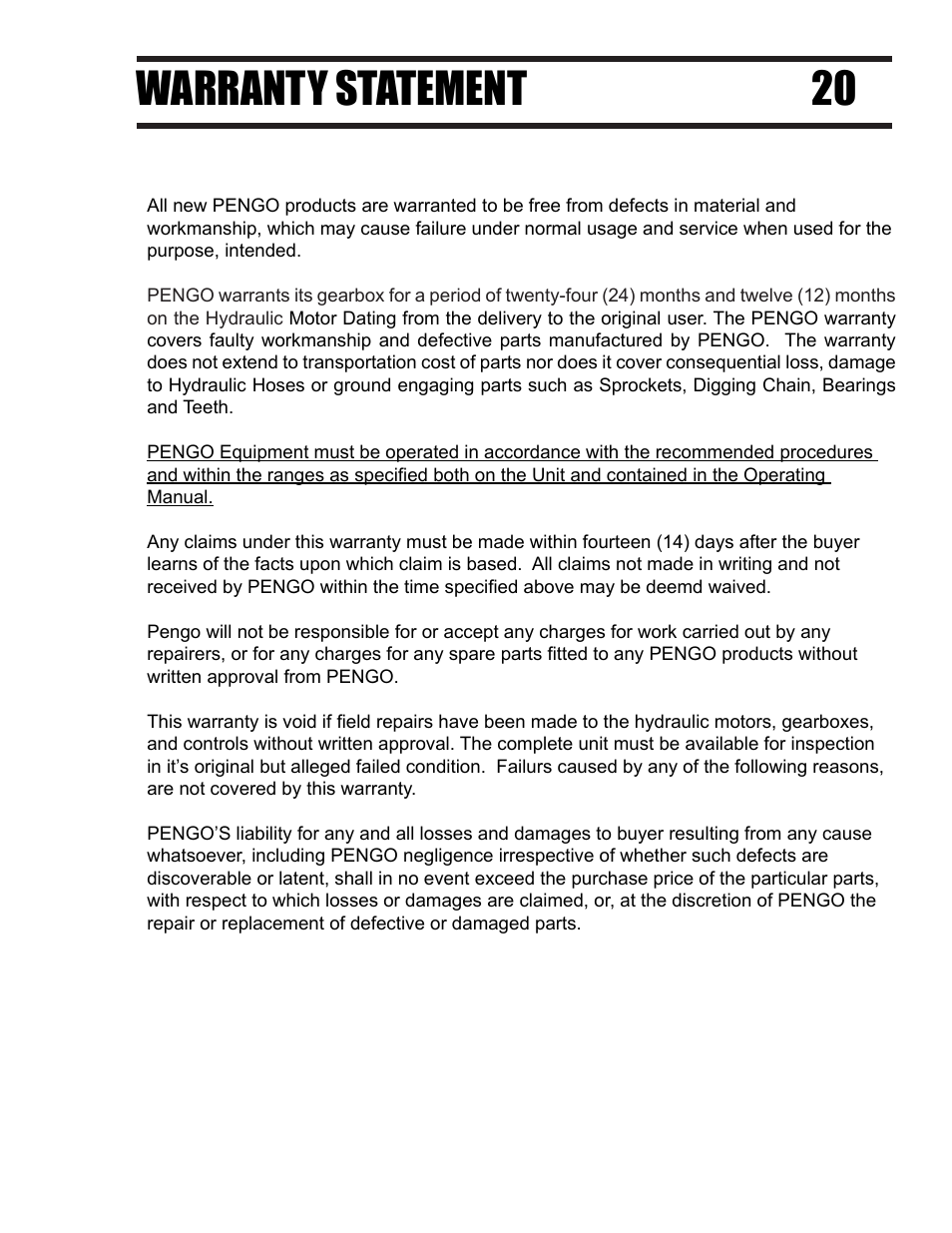 Warranty statement 20 | Pengo LDS Series User Manual | Page 21 / 24